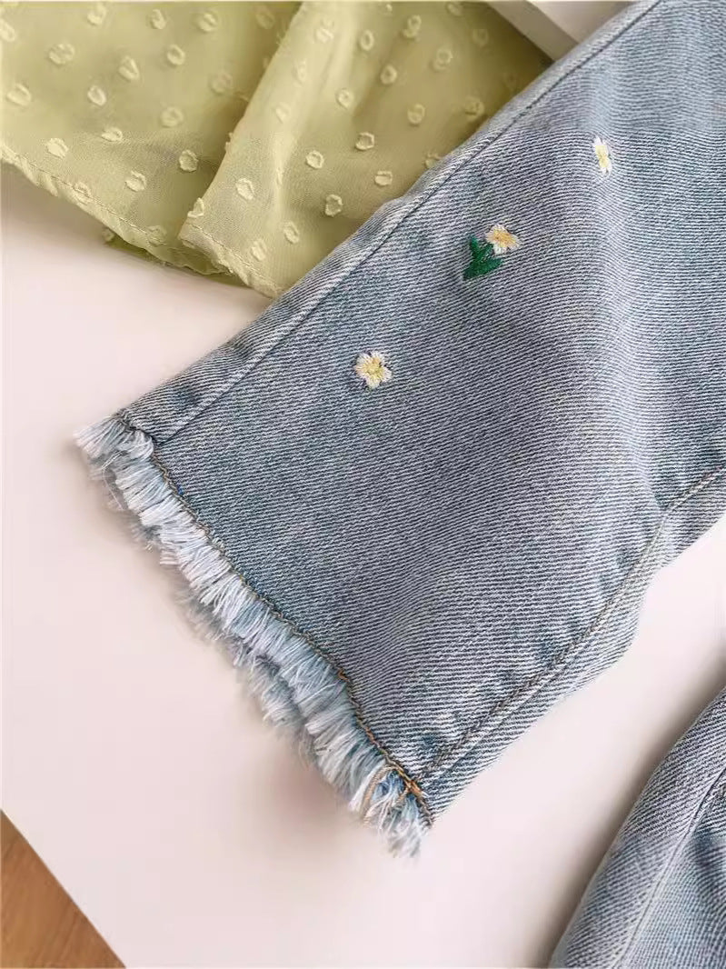 Jeans Bambina con Ricami Floreali e Fondo Sfilacciato