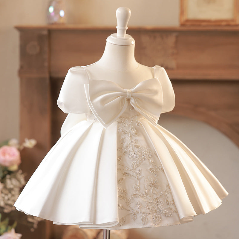 Abito Cerimonia Bambina Avorio Satin con Ricami e Fiocco Maxi