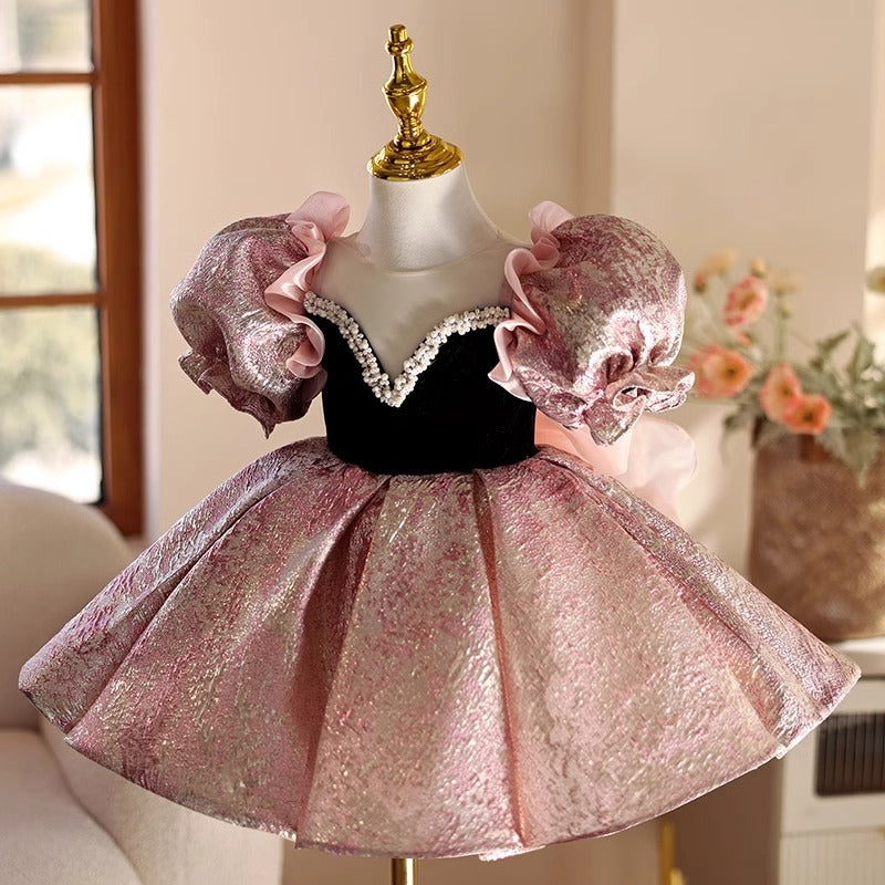 Abito da Cerimonia Bambina Principessa Rosa Lilla con Maniche Voluminose