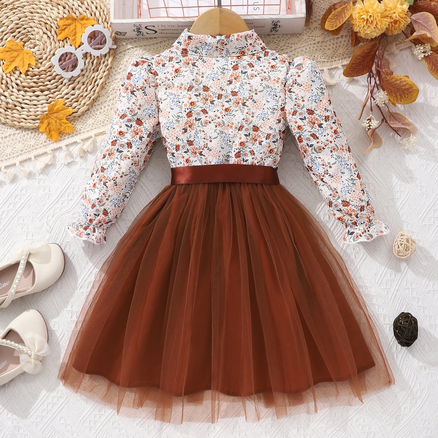 Abito Elegante Bimba Camicia a Fiori e Gonna in Tulle con Fiocco