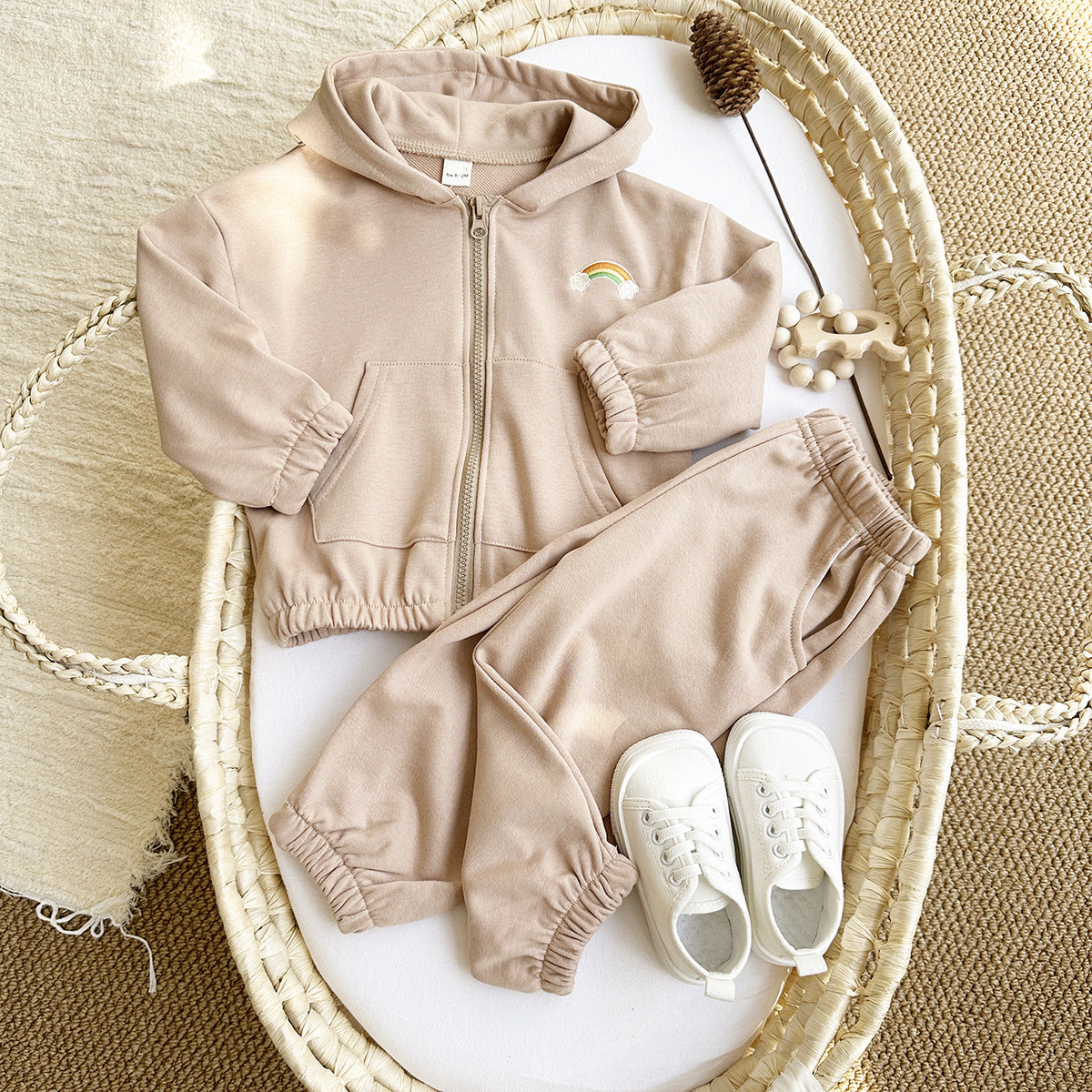 Tuta Baby Beige “Arcobaleno” con Felpa Zip e Pantalone