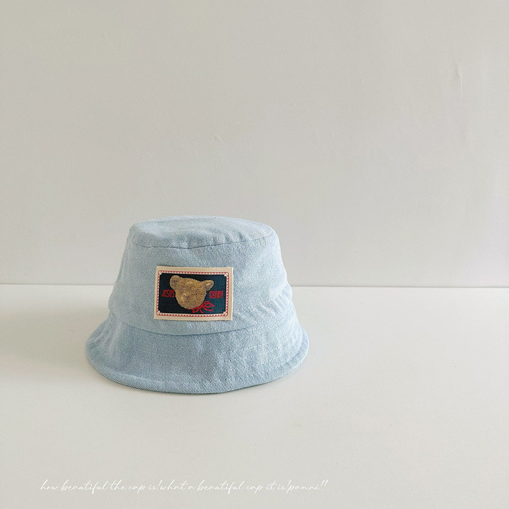 Bucket Hat Bambino in Denim Azzurro Patch Orsetto Ricamata