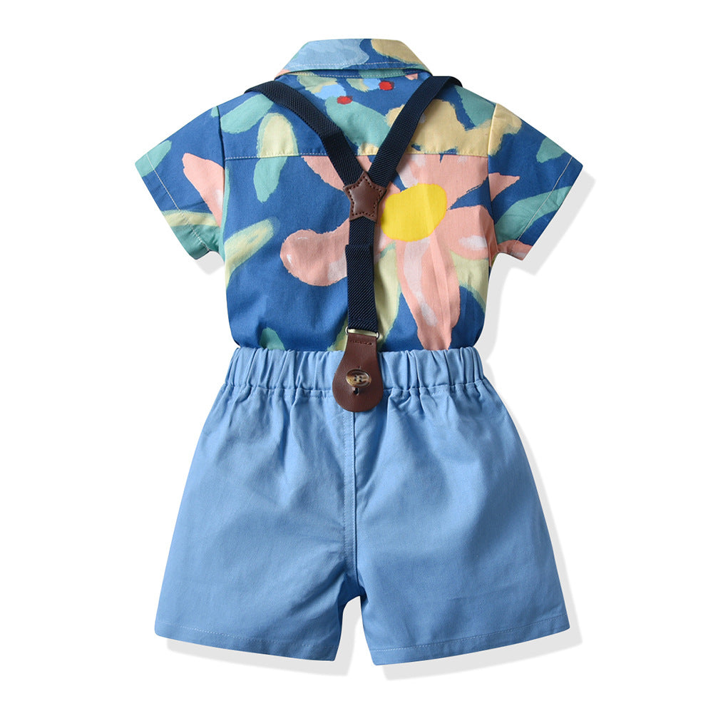 Completo Estivo 3 Pezzi per Bambino – Body Camicia Floreale, Pantaloncini con Bretelle e Papillon