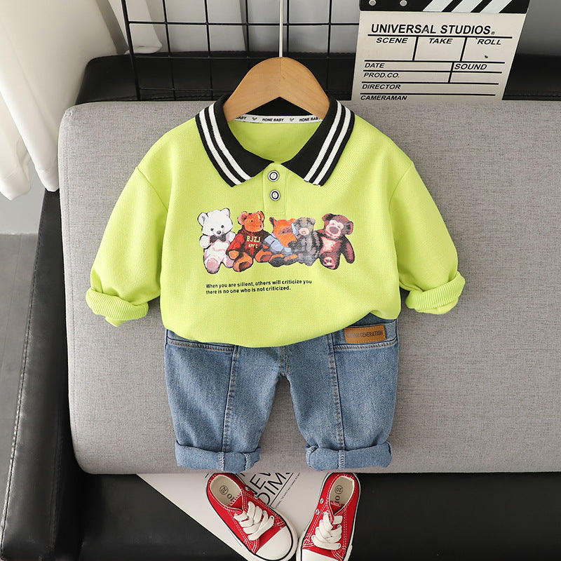 Completo Bimbo Casual - Polo Gialla con Stampa Orsetti e Jeans 95 % cotone