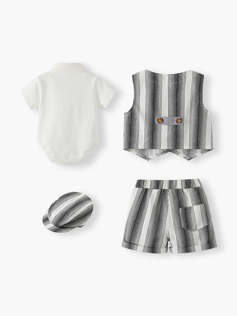 Completo Elegante Estivo Neonato Gilet, Camicia, Shorts e Coppola a Righe