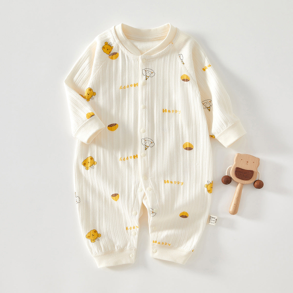 Tutina Neonato in Cotone “Happy Bear” Giallo Pastello su Panna
