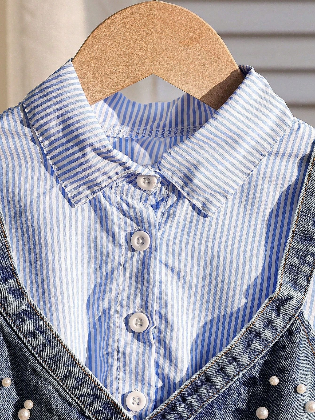 Vestito a Camicia con Gilet in Denim e Perle