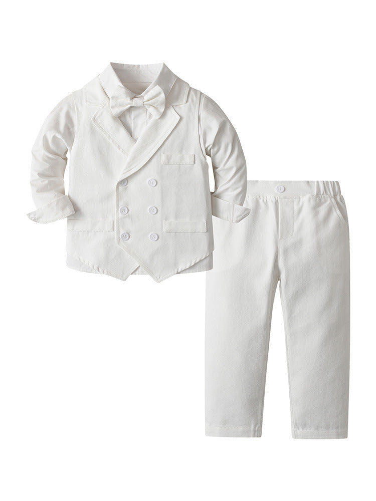 Completo Elegante Bambino 3 Pezzi Bianco Camicia, Gilet e Pantaloni con Papillon