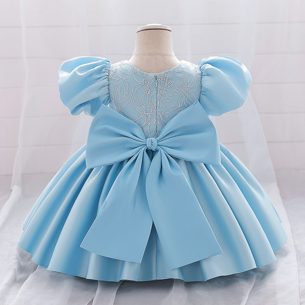 Abito Elegante Azzurro per Bambina con Maniche a Palloncino e Ricami