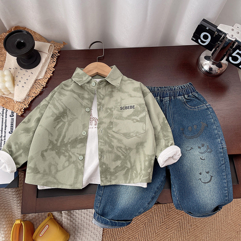 Completo Casual Bimbo Camicia Verde, T-shirt Giraffa e Jeans Smile