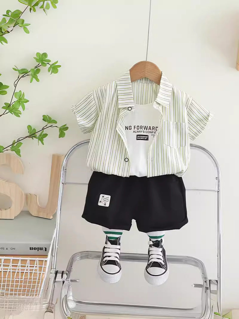 Completo Estivo Bambino Camicia a Righe Multicolor e Shorts Neri