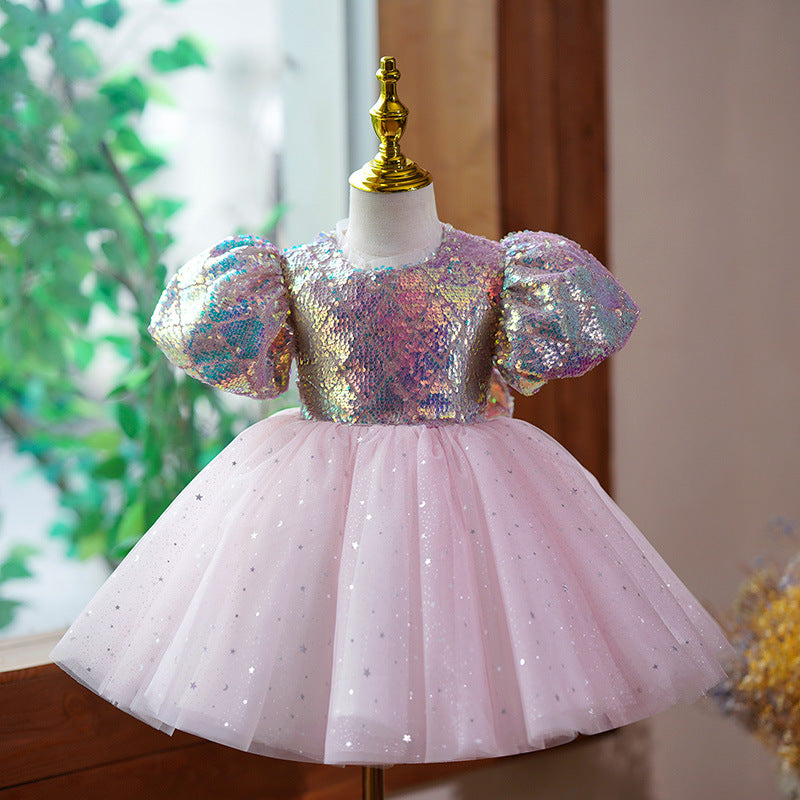 Abito da Cerimonia Bimba con Paillettes Iridescenti e Tulle Rosa