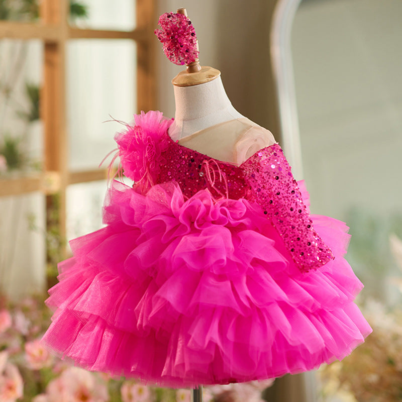 Abito Cerimonia Bambina Fucsia con Paillettes e Gonna in Tulle