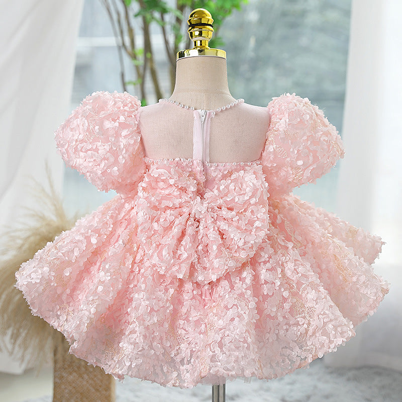 Abito Cerimonia Bimba Rosa con Fiori 3D e Maniche a Palloncino