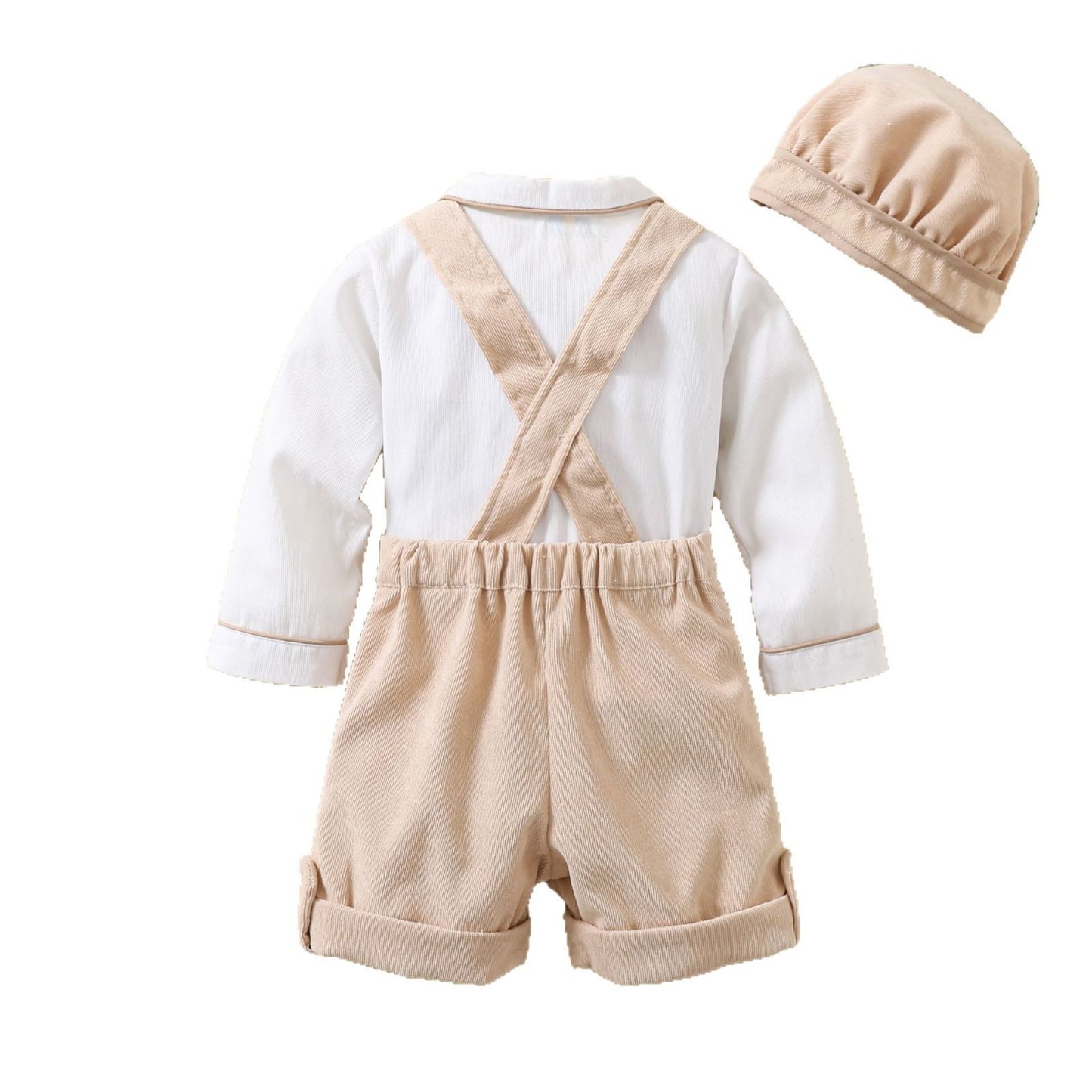 Completo Elegante 3 Pezzi Bimbo Camicia + Pantaloncini con Bretelle + Cappellino