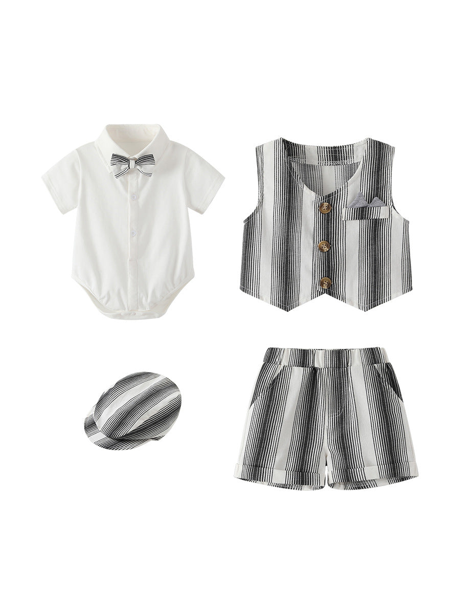 Completo Elegante Estivo Neonato Gilet, Camicia, Shorts e Coppola a Righe
