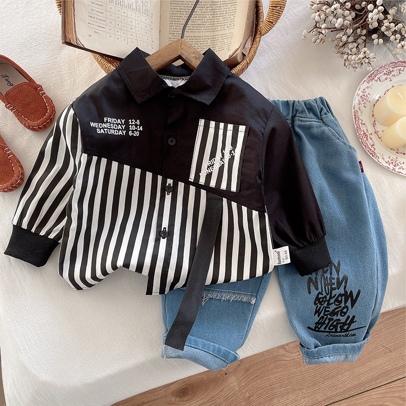 Completo Bimbo Urban Style Camicia a Righe e Jeans Stampati