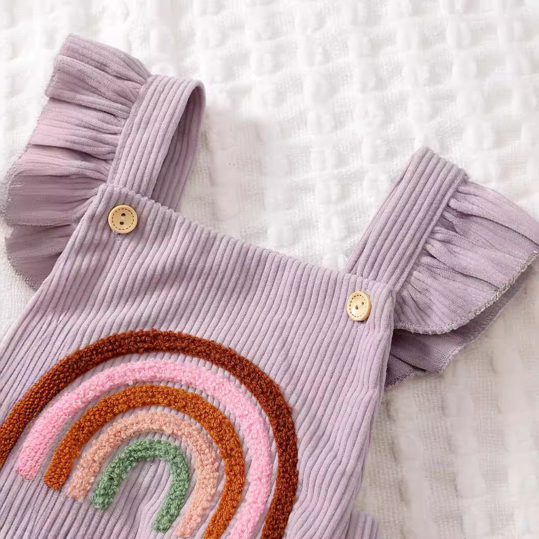 Completo Neonata in Velluto a Coste con Arcobaleno – Body con Volant + Fascia