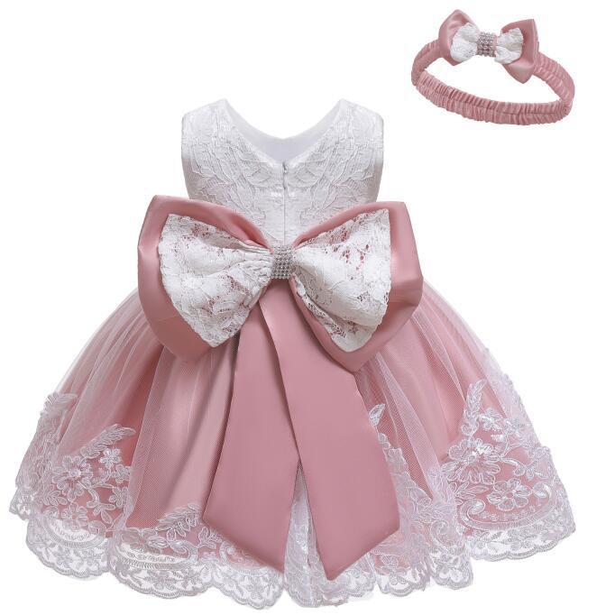 Vestito Elegante per Bambina con Fiocco e Pizzo - Completo con Fascia Coordinata