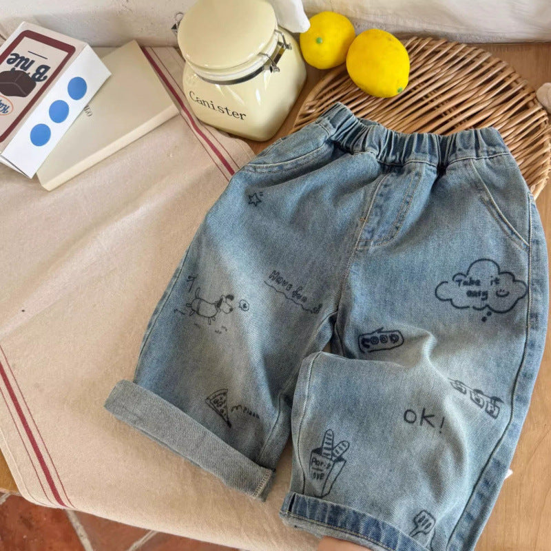 Shorts Bambino in Jeans con Stampa Doodle Casual e Creativi