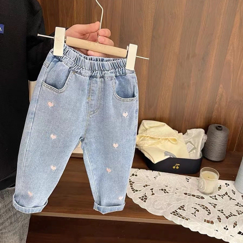 Jeans bimba in denim con cuoricini