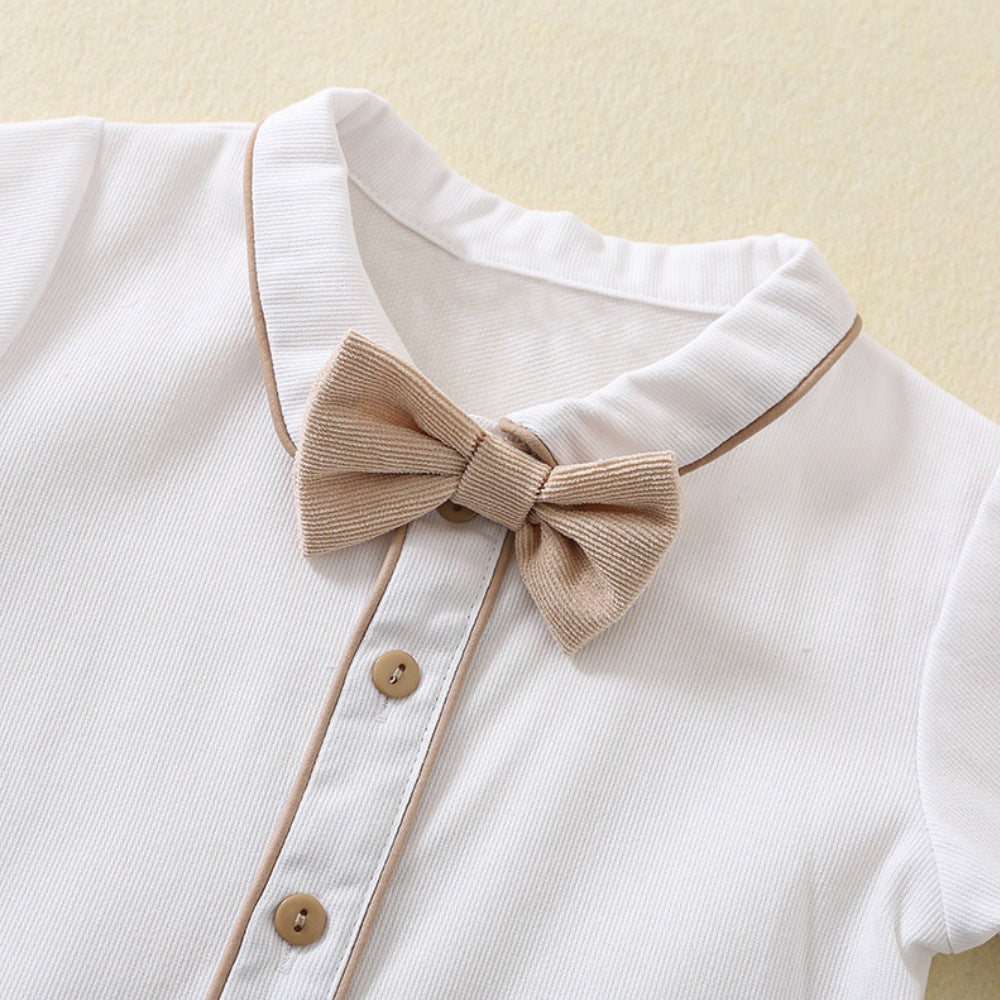 Completo Elegante 3 Pezzi Bimbo Camicia + Pantaloncini con Bretelle + Cappellino