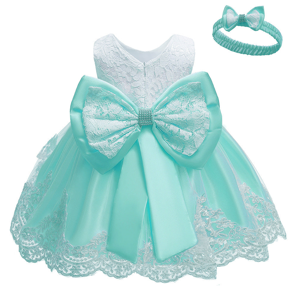 Vestito Elegante per Bambina con Fiocco e Pizzo - Completo con Fascia Coordinata
