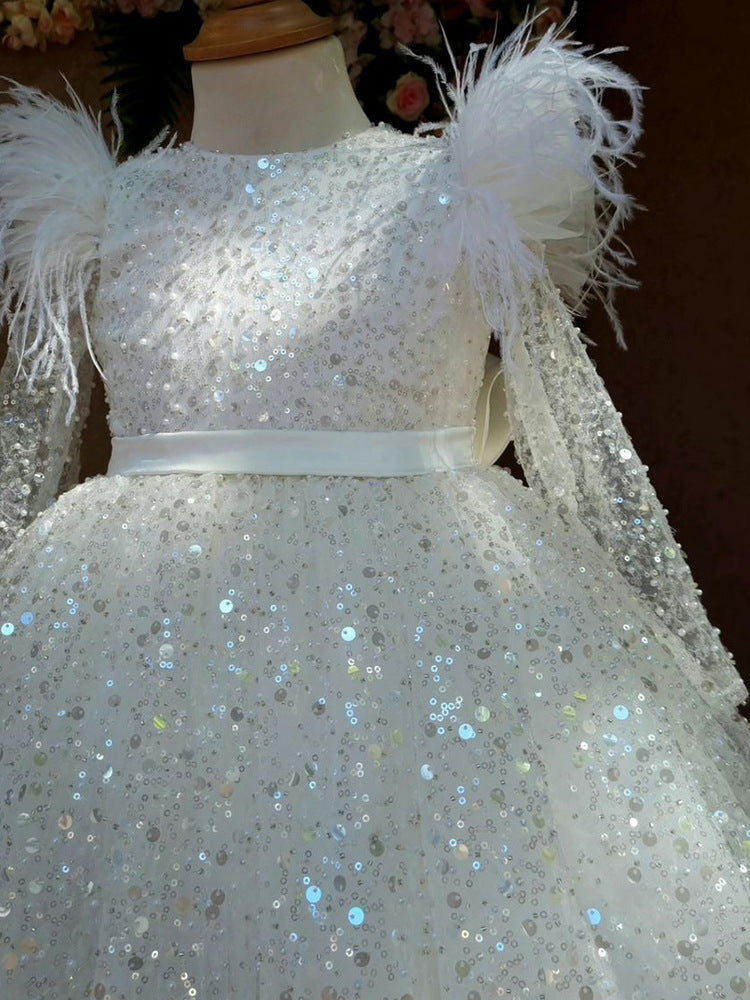 Abito da Cerimonia Bambina – Lusso e Eleganza con Paillettes e Piume