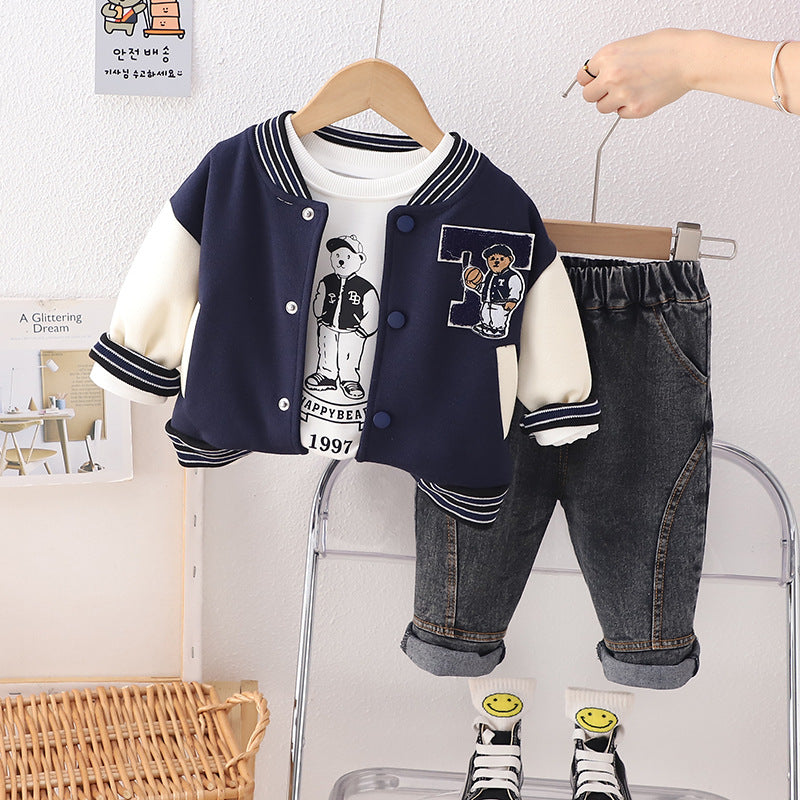 Completo Bimbo "Happy Bear College" Giacca Baseball, T-shirt e Jeans