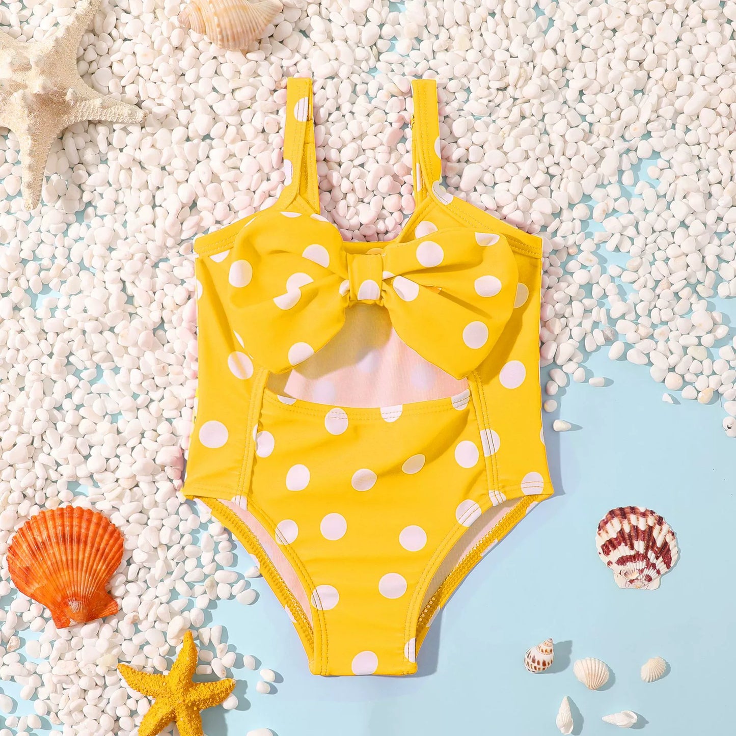 Costume Intero Bambina Pois Bianchi e Maxi Fiocco