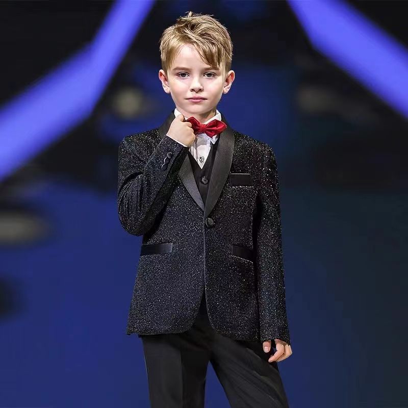 Completo Elegante Bambino 4 Pezzi Giacca Glitter Nera, Camicia, Pantalone e Papillon