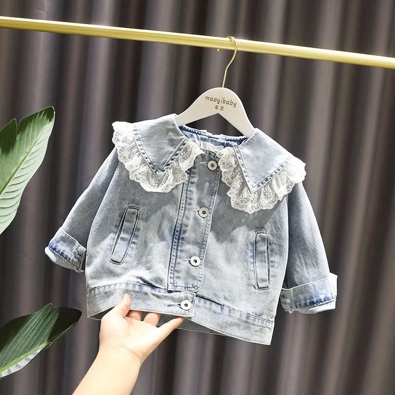 Giacca Jeans Bambina con Colletto in Pizzo