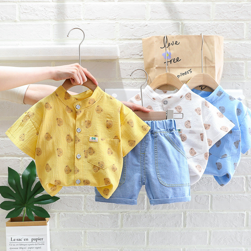 Completo Estivo Bambini Camicia Stampata e Shorts in Jeans