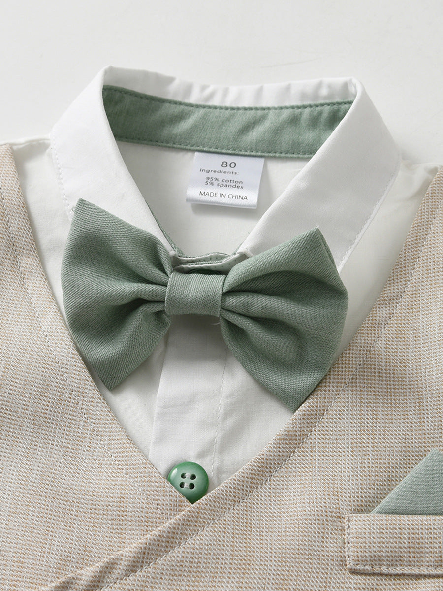 Completo Elegante Bimbo 3 Pezzi Camicia, Gilet Asimmetrico e Pantaloni Verde Salvia
