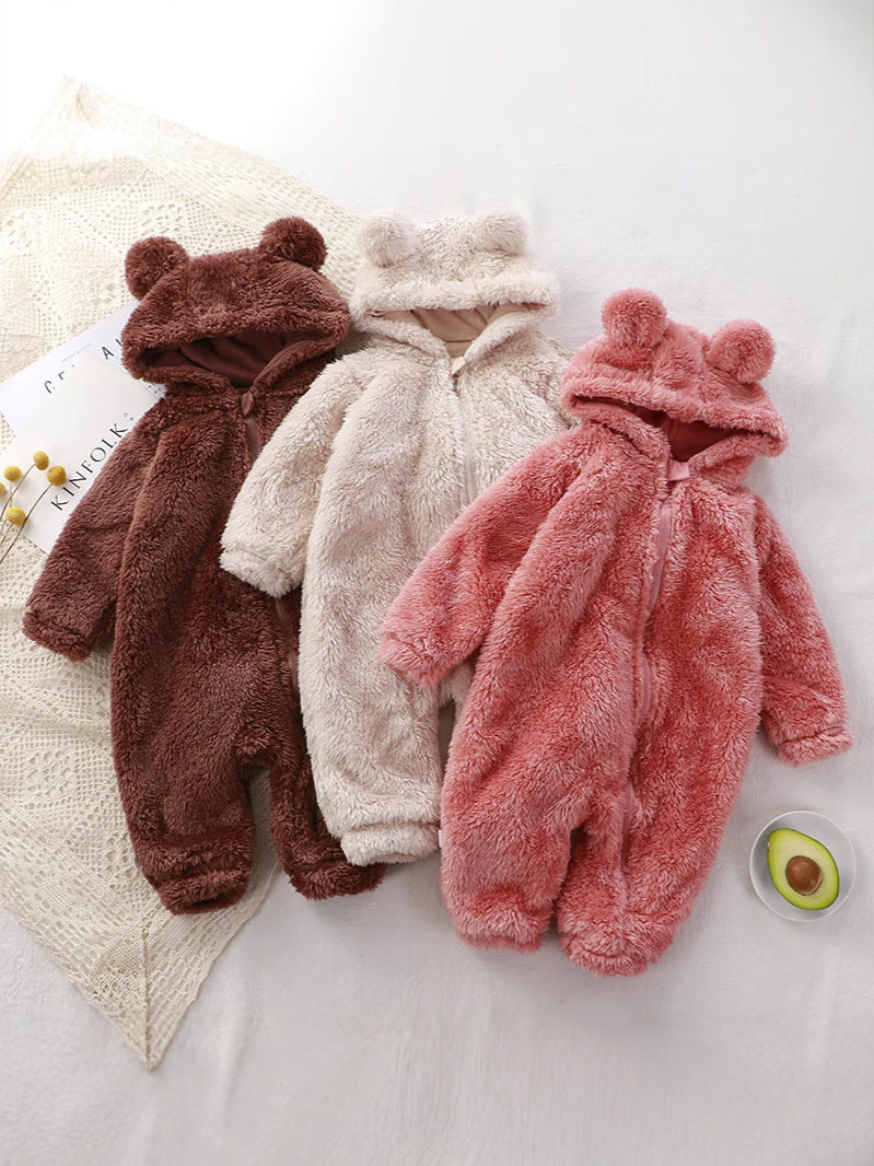 Tuta invernale neonato effetto peluche con cappuccio orsetto