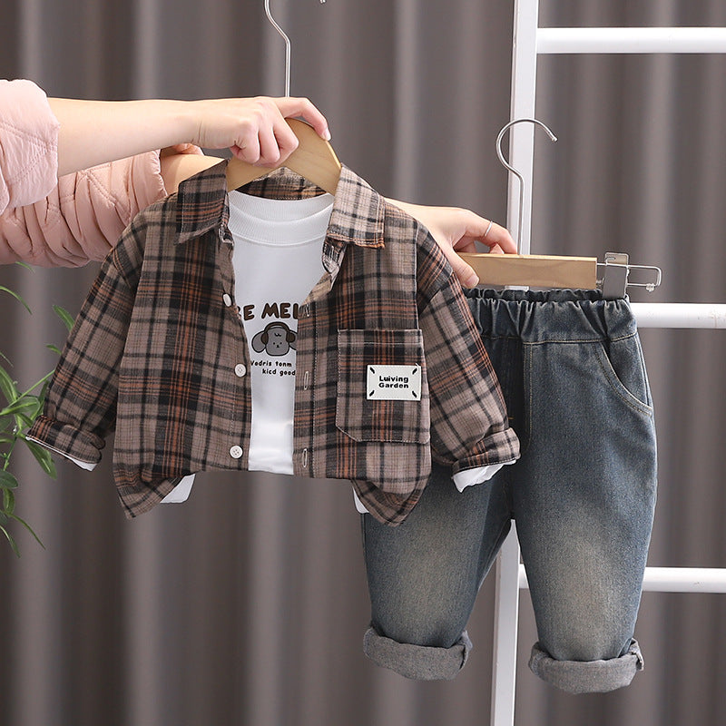 Completo Bimbo Casual Camicia a Quadri, T-Shirt Stampata e Jeans