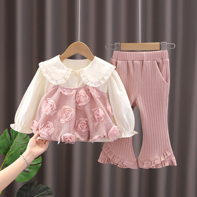 Completo Chic Bambina – Blusa con Rose 3D & Pantaloni a Volant