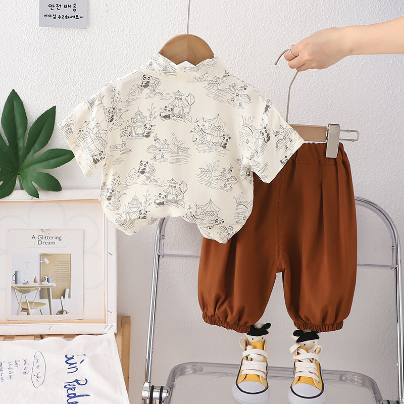 Completo Bimbo Estivo Camicia Panda + Pantaloni – "Little Explorer"