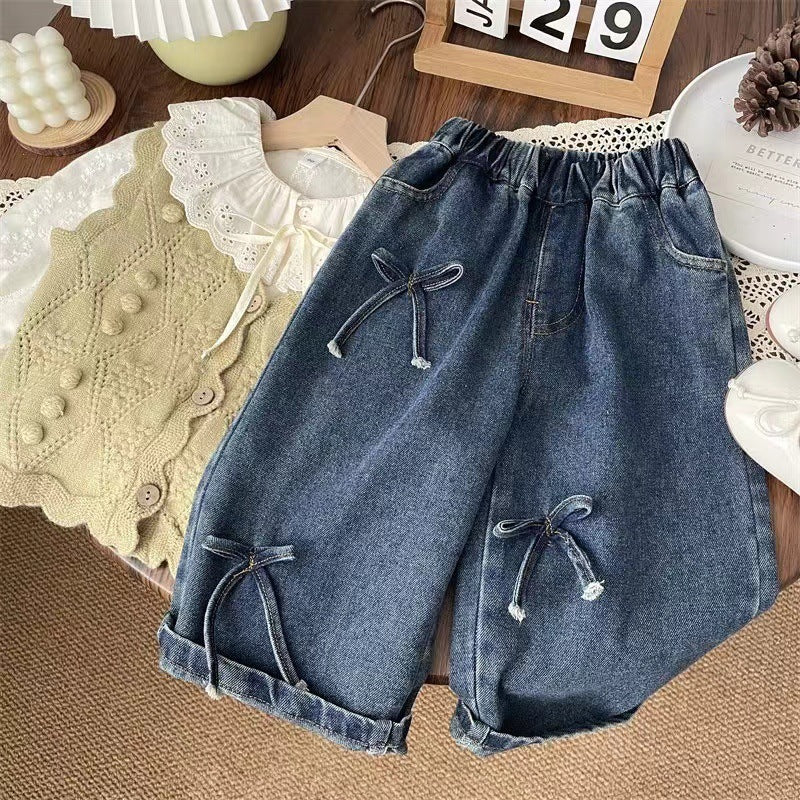 Jeans bimba in denim con fiocchi
