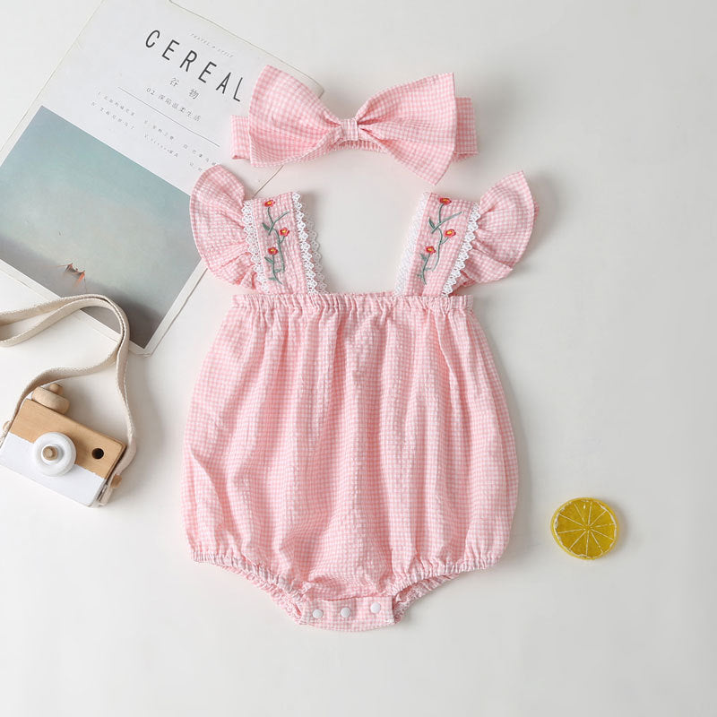 Pagliaccetto Bimba con Fiocco Abbinato Rosa Vichy & Ricami Floreali