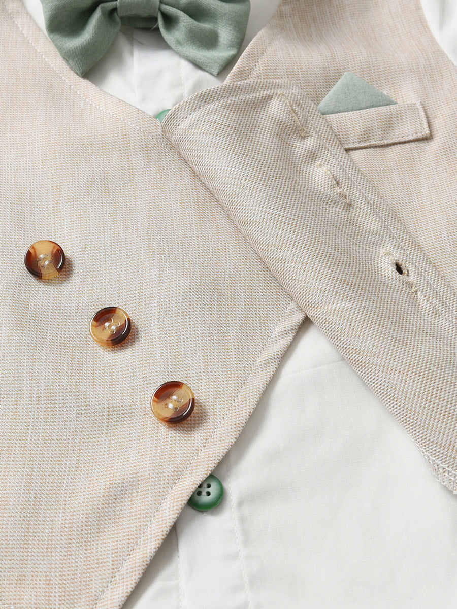 Completo Elegante Bimbo 3 Pezzi Camicia, Gilet Asimmetrico e Pantaloni Verde Salvia