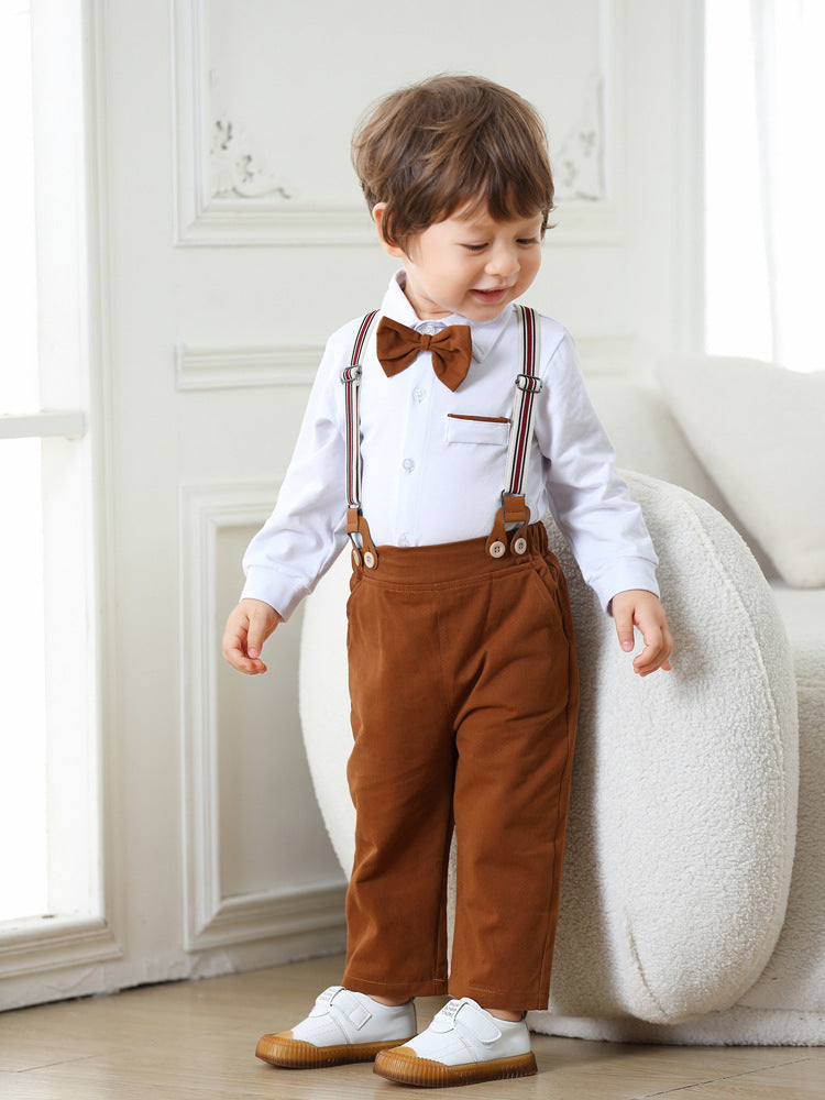 Completo Elegante Bambino Camicia Bianca, Bretelle e Pantaloni Marroni