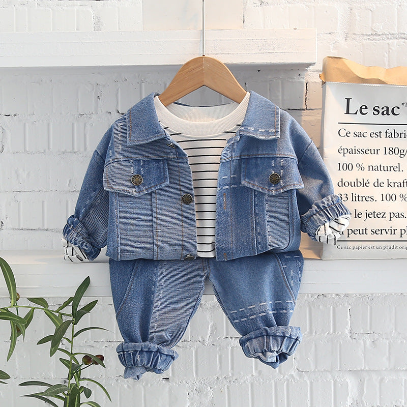 Completo Bimbo Total Denim Giacca Jeans, T-shirt a Righe e Pantaloni