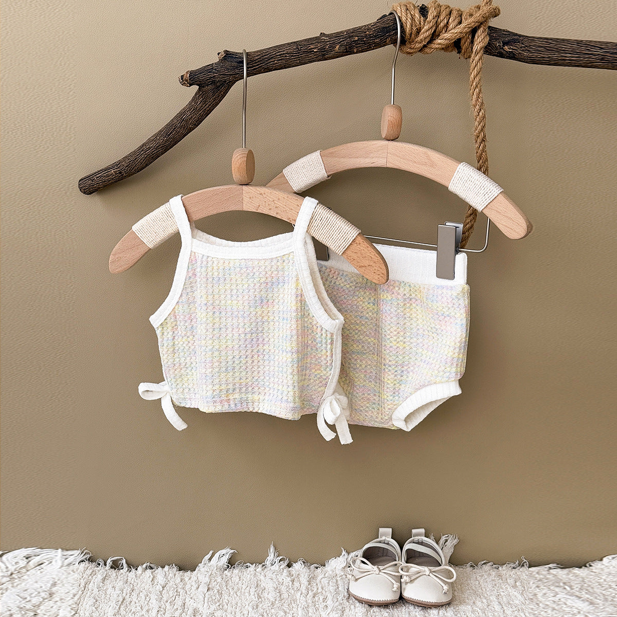 Coordinato estivo neonata in maglia waffle con fiocchi laterali