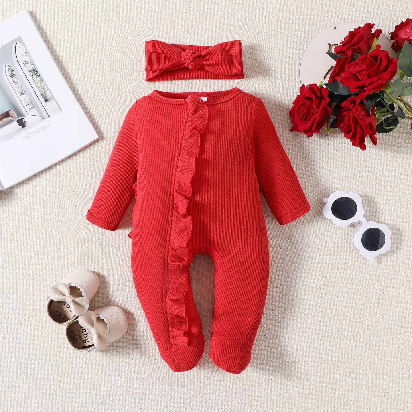 Tutina Neonata in Cotone con Volant e Fascia Coordinata