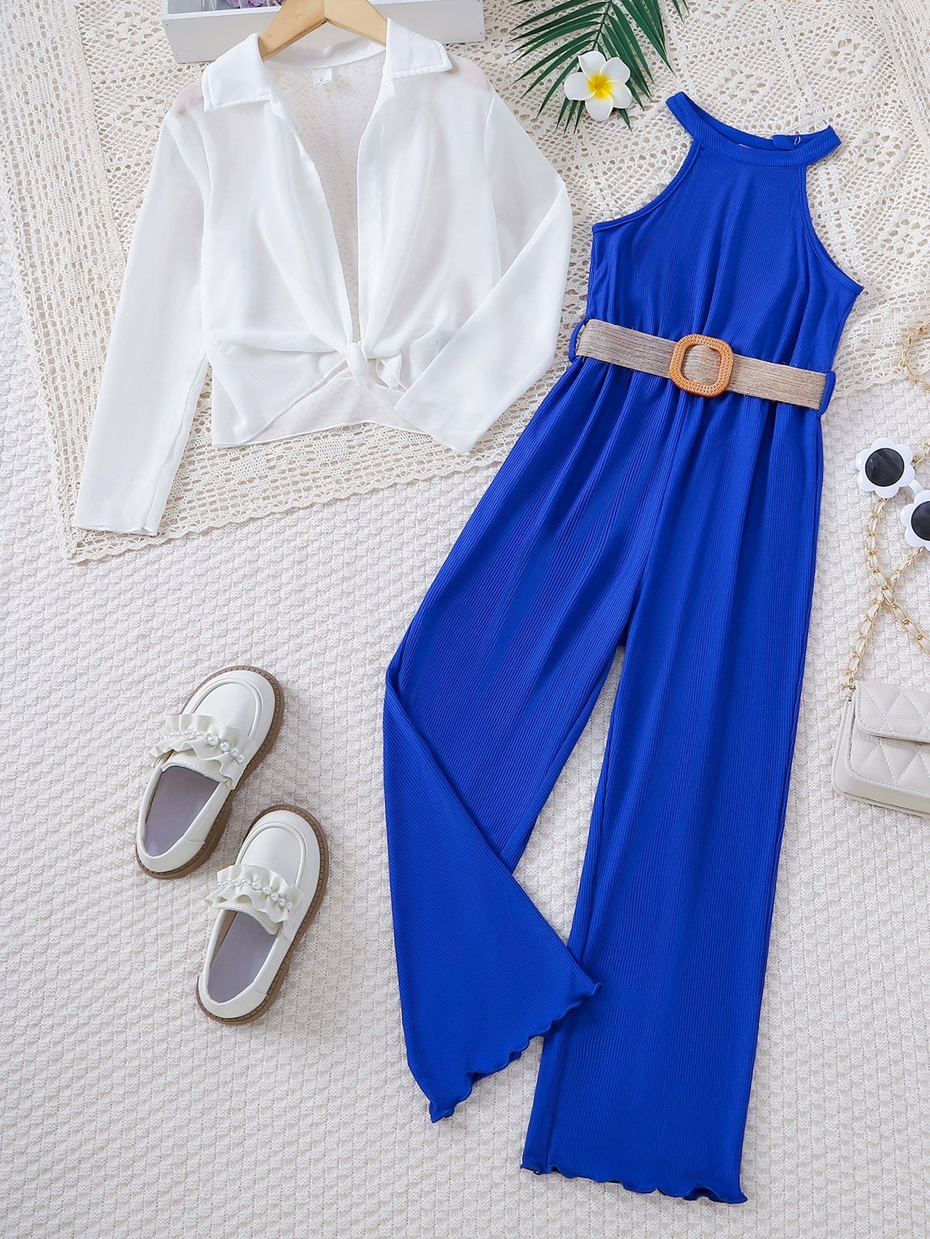 Completo Elegante Bambina Jumpsuit Blu Royal e Camicia Bianca