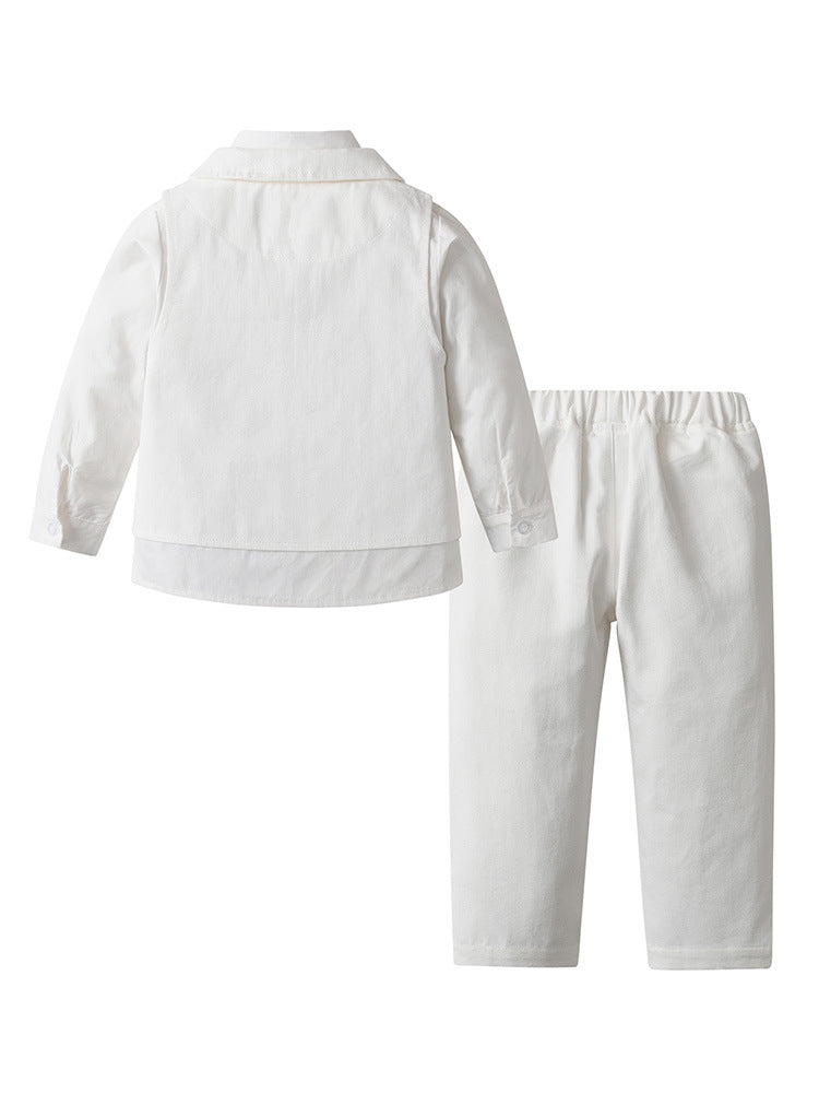 Completo Elegante Bambino 3 Pezzi Bianco Camicia, Gilet e Pantaloni con Papillon