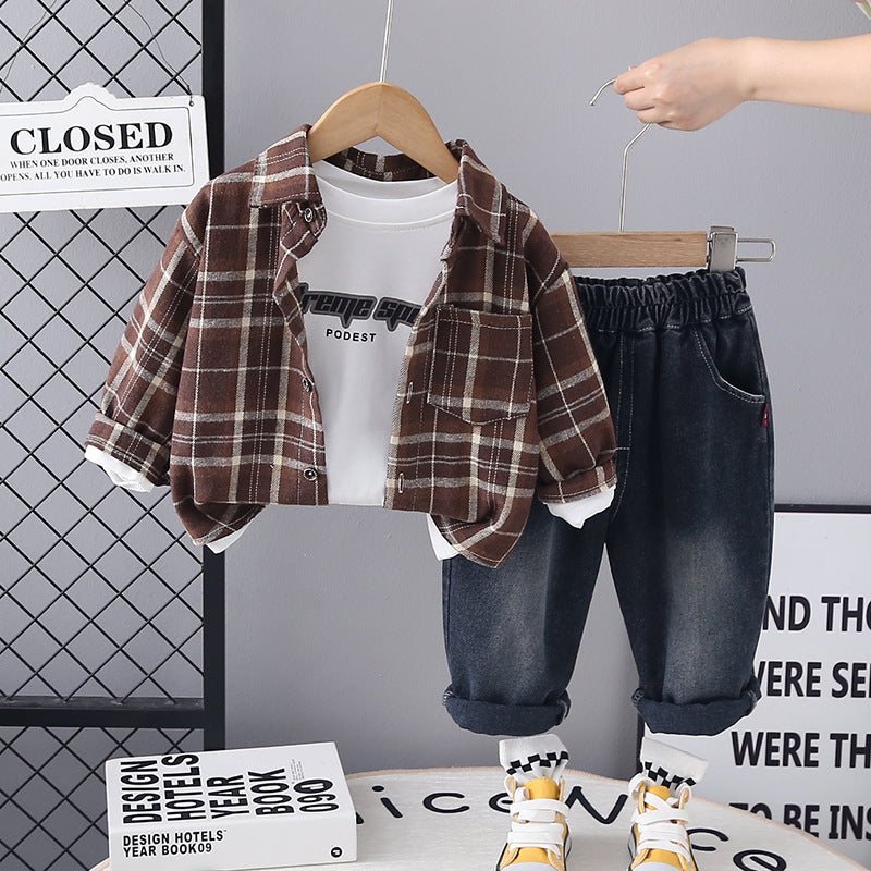 Completo Bimbo "Casual Cool" Camicia a Quadri, T-shirt e Jeans