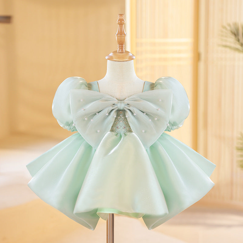 Abito Elegante Bimba Verde Acqua con Maxi Fiocco e Perline
