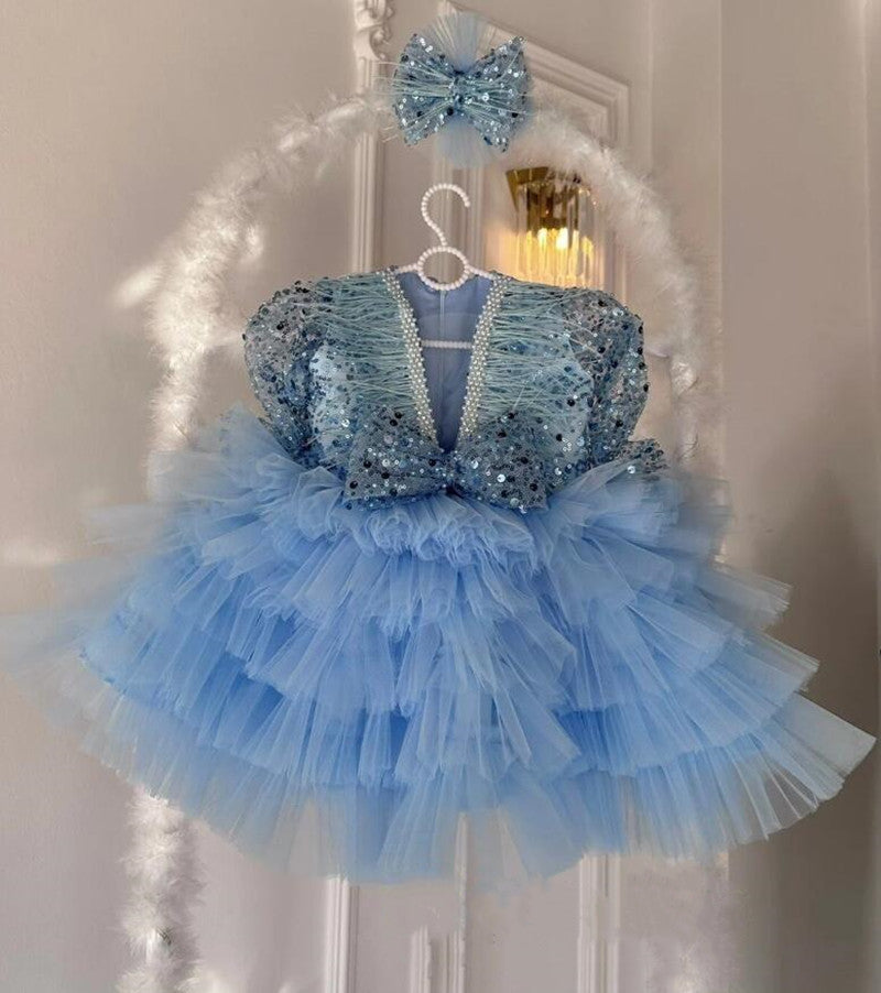 Abito da Cerimonia Bambina Azzurro con Paillettes, Perle e Gonna a Balze